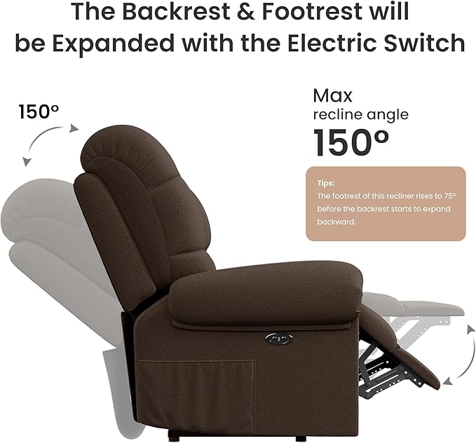 Power Recliner Chair Reclining Chair Comfy Teddy Small Recliners for Small Spaces Adjustable Electric Recliner Chairs for Adults Electric Recliners with USB Port &amp Side Pockets Coffee
