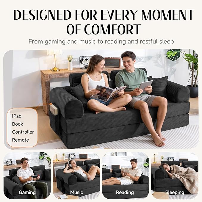 79 Corduroy Sofa Bed Sleeper Couch 6-in-1 Convertible Boneless Floor Futon Loveseat High-Density Foam Couch in a Box with 2 Headrest Pillows No Assembly Black