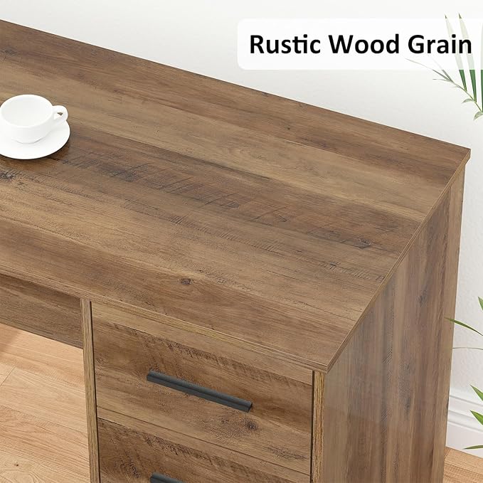 HSH Large L Shaped Home Office Desk with Drawers Rustic L-shaped Computer Desk with Storage File Cabinet Shelves Corner Reversible Metal Wood Executive Work Study Writing Table 59 Inch Bedroom Desk