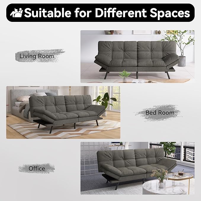 Vyfipt 71 Convertible Futon Sofa Bed3-in-1 Linen Fabric Futon Couch with Memory Foam Modern Foldable Sleeper Loveseat for Small Spaces Living RoomOffice &amp ApartmentDark Grey