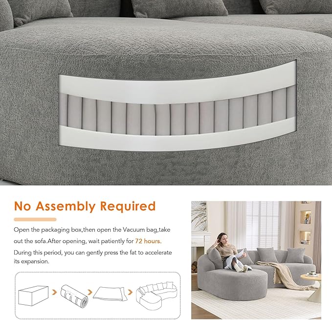 Curved Sectional Sofa Couch Oversized L Shape Deep Seat Cloud Couch Modern Chenille 4-Seater Sofa with Chaise No Assembly Required Couches for Living Room Apartment Office Grey