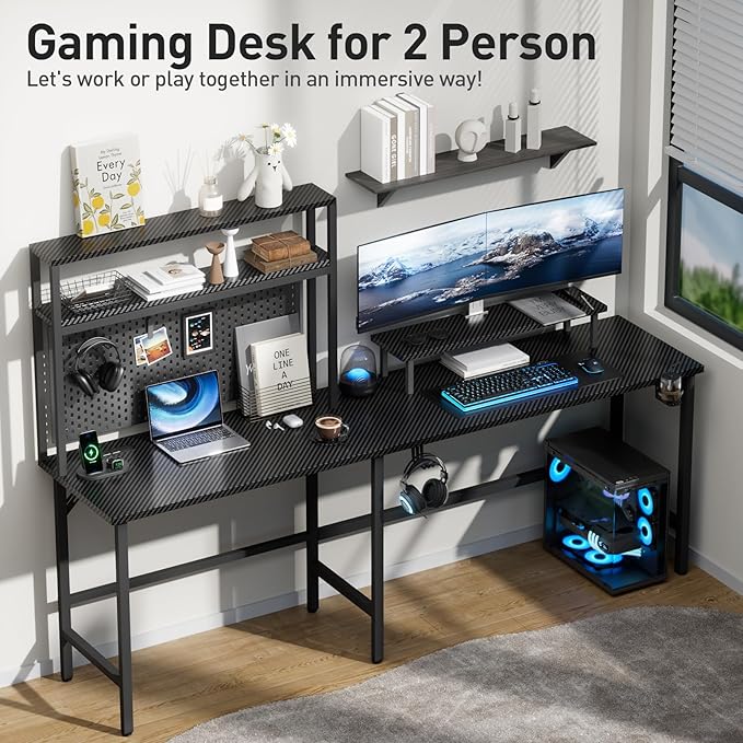 HLDIRECT L Shaped Gaming Desk with LED Light &amp Storage Shelves 67 Inch Reversible Computer Table with Power Outlet Corner Game Desk with Hutch &amp Monitor Stand Home Office Black