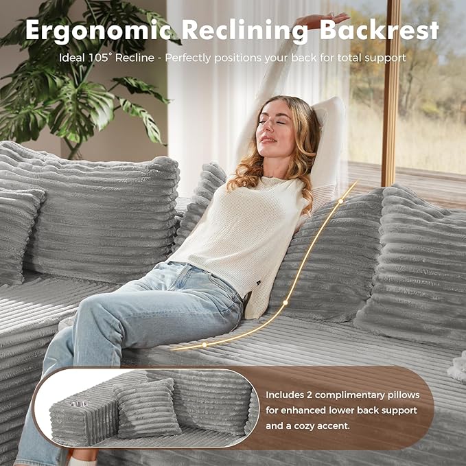 ELUCHANG Oversized 108” Boneless Couch Comfy Cloud Modular Sectional Sofa L-Shape Sofa with Chaise Memory Foam Upholstered Couch for Living Room Bedroom No Assembly Required Corduroy Grey