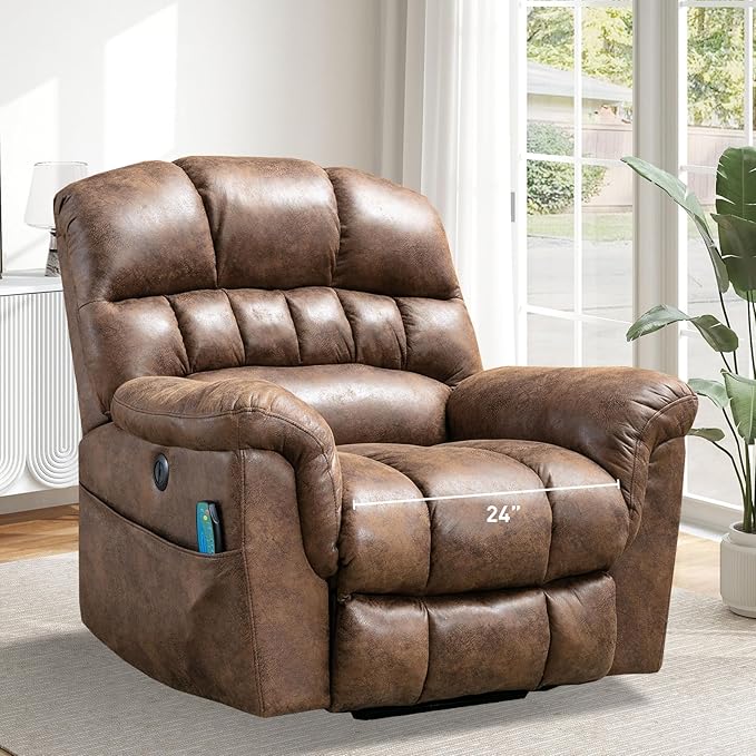 Bonzy Home Power Lift Chairs Recliner with Massage and Heating Electric Recliner Chair with 24 Wide Seat for Big People Full Padded Backrest Waterproof Faux Leather USB Charging Ports Brown