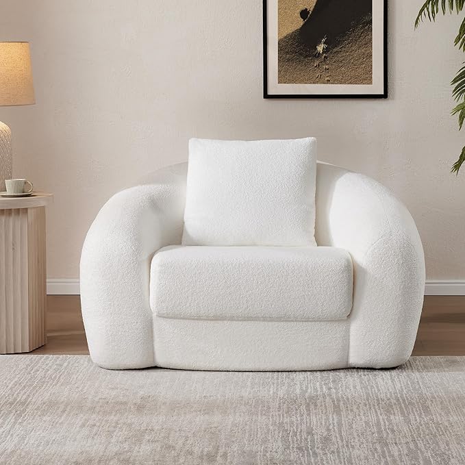 SICOTAS 49.9 Curved Convertible Sofa Couch Bed for Living Room Futon Cloud Boneless Sleeper Chair Pull Out Floor Couch with Deep Seat Single Sofa Foam Lounger No Assembly for Bedroom Apartment White