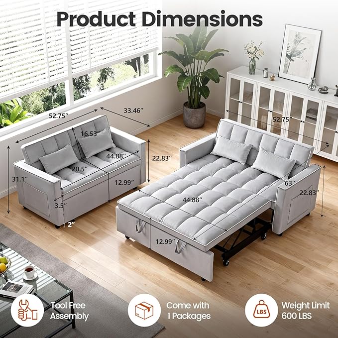 3 in 1 Sofa Bed Love Seat Sleeper Bed with Side Pockets Velvet Fabric Pull Out Couch with Adjustable Backrest for Living Room Bedroom ApartmentGray