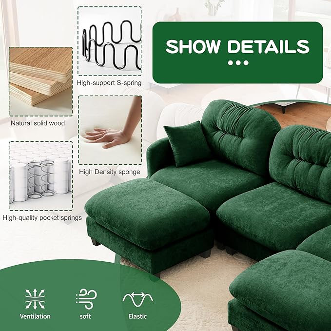 Cloud Couches for Living Room Modular Sectional Sofa 140 U-Shape 4-Seater Modular Couch Oversized Sectional Couch with Deep Seat Green