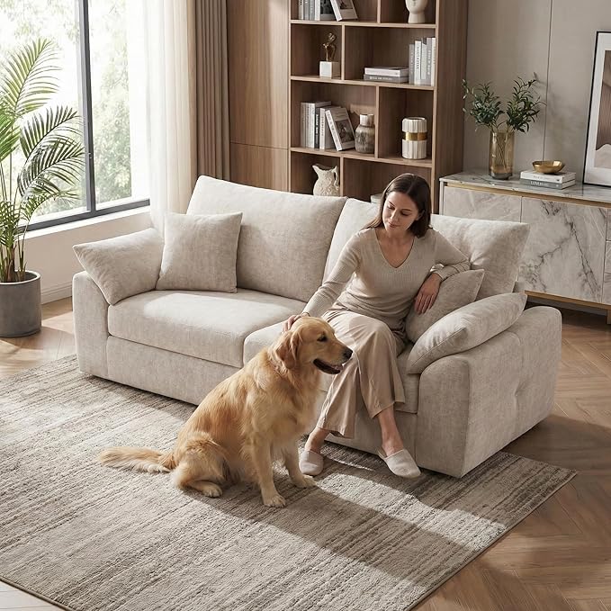 89.8 Modern Loveseat Sofa for Living Room Cloud Boneless Couches with 4 Pillows Mid Century Loveseat couches for Small Place No Assembly Required Camel