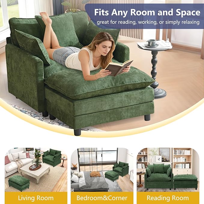 cinkehome Oversized Accent Chair with Ottoman Comfy Upholstered Armchair with Deep Seat Overstuffed Lounge Chair for Living Room Reading Nook (Green Chenille)