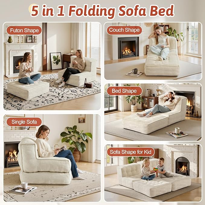 Folding Sofa Bed 5-in-1 Convertible Sleeper Reading Chair Corduroy Futon Sofa Bed Foldable Mattress with Back Support Portable Fold Out Chair Bed Comfy Floor Lounge for Living Room Bedroom