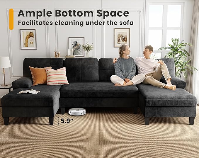 KKL Sectional Sofa Couch for Living Room U Shaped Couch with Storage Home Sofas with Chaise Modern Comfy Couches for Apartment Living Room Furniture Chenille (Black U Shape)