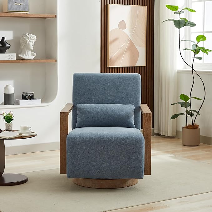 30.3 W Swivel Accent Chair with Solid Wood Armrests Modern Upholstered Armchair with Rubberwood Base 360 Degree Comfy Lounge Reading Chair for Living Room Bedroom or Office (Pale Blue)