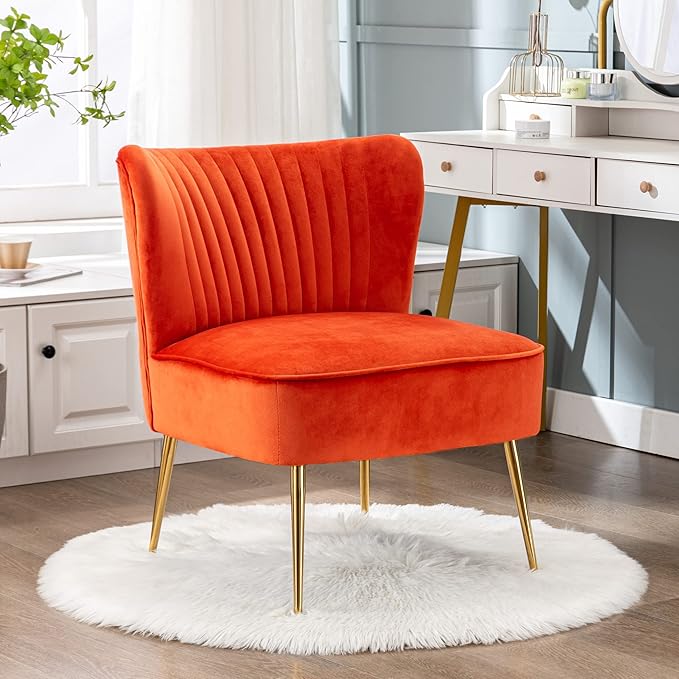 WO Home Furniture 25 Wide Tufted Velvet Accent Chair with Rust Resistant Golden Metal Legs Premium Quality Rust Resistant Seat for Your Den Living Room Bedroom Inside Area (Orange)