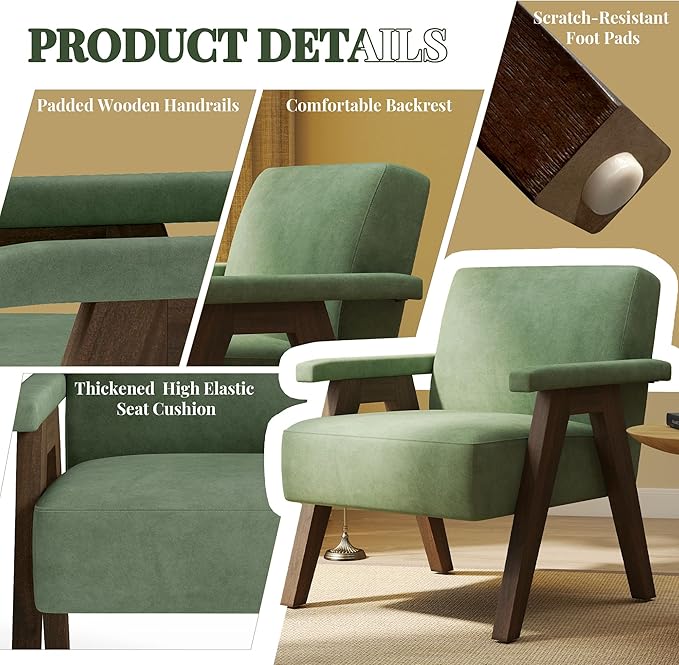 Mid-Century Accent Chair Linen Fabric Upholstered Lounge Armchair with Solid Wood Frame Modern Reading Chair for Living Room Bedroom ApartmentSage Green