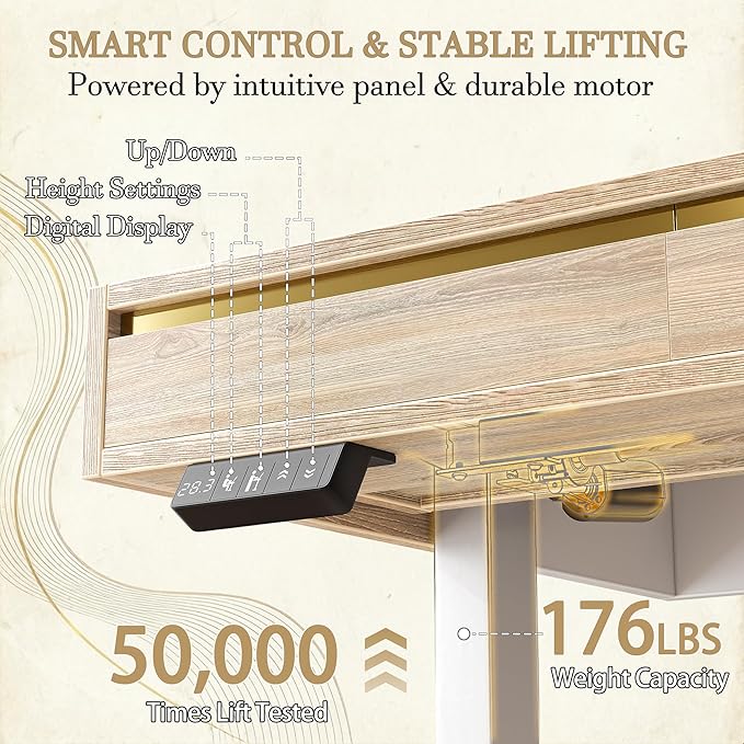 TIQLAB Standing Desk with 3 Drawers 47 Electirc Sit Stand Desk with Storage Height Adjustable Computer Desk Modern Home Office Desk with Monitor Stand Maple