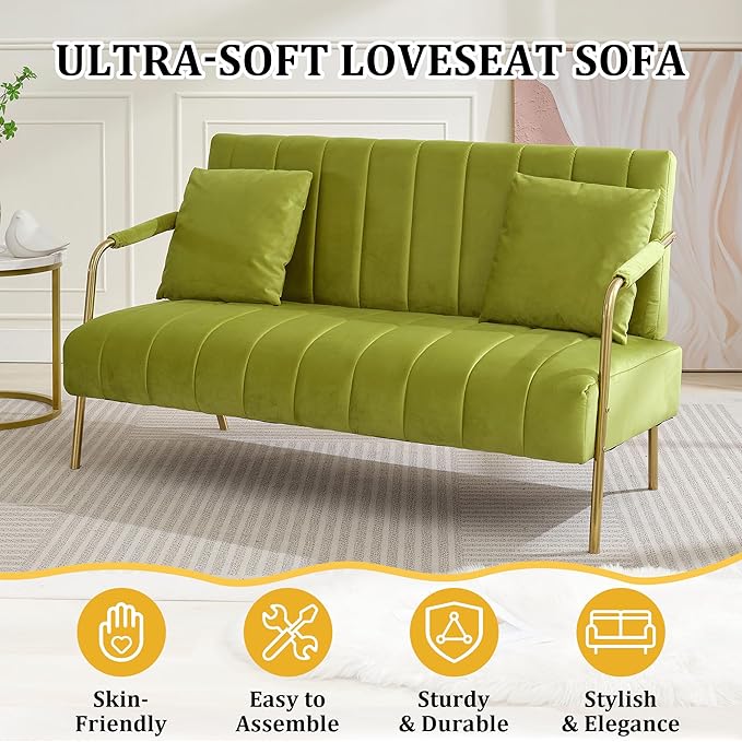 Dolonm 60 Velvet Loveseat 2 Seater Upholstered Couch with 2 Pillows Mid Century Pleated Velvet Sofa with Gold Metal Legs Perfect for Small Spaces Apartments Offices Bedrooms