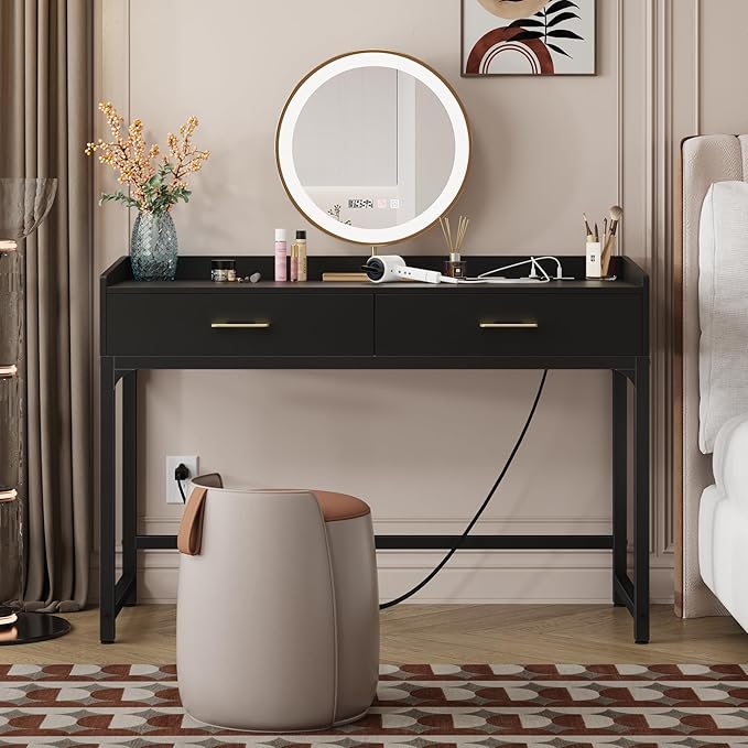 WESTREE Makeup Vanity Desk with Backboard Power Outlet Computer Gaming Desk with 2 Drawers Modern Writing Desk for Office Bedroom Black