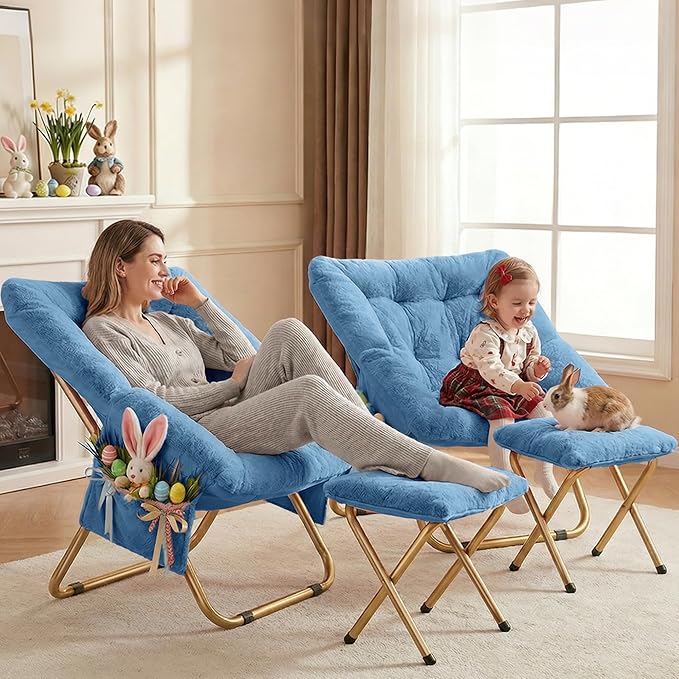 Comfy Saucer Chair Foldable Living Room Chairs Soft Faux Fur Lounge Chair for Bedroom Reading Chairs for Adults Teens X-Large (Blue)