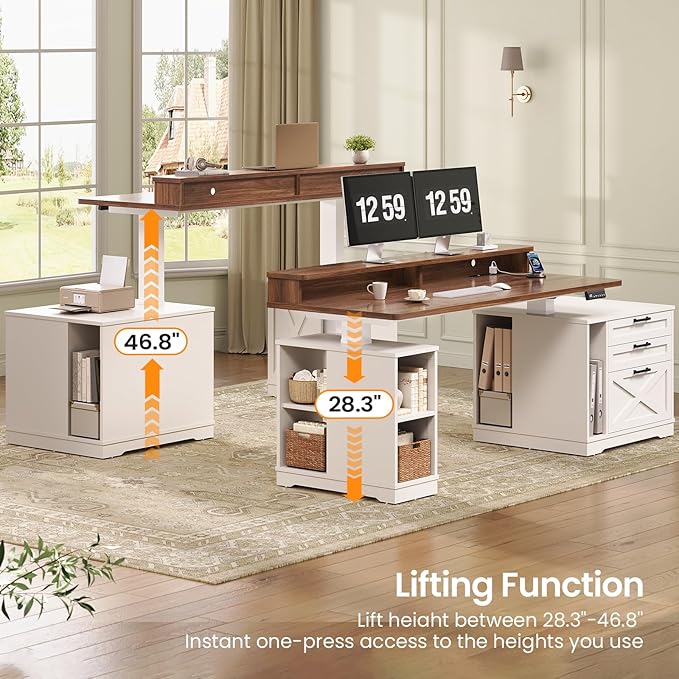 SEDETA Farmhouse Electric Standing Desk 55 Height Adjustable Computer Desk with 3 Drawers File Cabinet Storage Shelves Power Outlets Wood Home Office Desk for Work Study Writing White