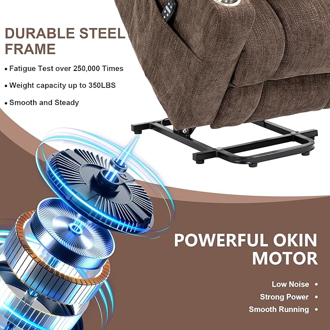 Power Lift Recliner Chair for Eldery Chenille Electric Recliner Chairs with Massage and Heat Remote Control Standing Assistance Lay Flat Recliner Sofa for Living Room Medium-FirmBrown
