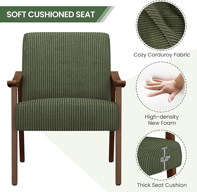 Yaheetech Corduroy Accent Chair Mid-Century Modern Armchair with Solid Wood Legs Reading Leisure Chair with High Back for Living Room Bedroom Waiting Room Set of 2 Dark Green