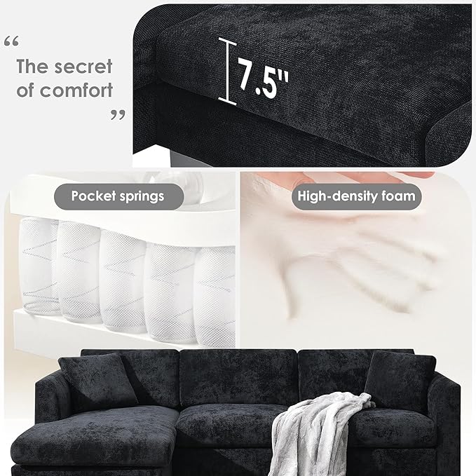 WILLIAMSPACE 96 Cloud Sectional Sofa Couch for Living Room Modern Upholstered L-Shape Sofa 3 Seater Couch with Oversized Chaise Contemporary Corner Sofa for Apartment Chenille (Left-FacingBlack)