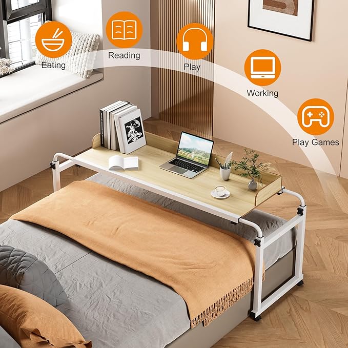 Adjustable Height Overbed Table Rolling Overbed Bedside Desk with Raised Baffle and Spacious Desktop Over BedTable with Wheels for Home Office Bedroom Hospital Use (Wooden Color1)