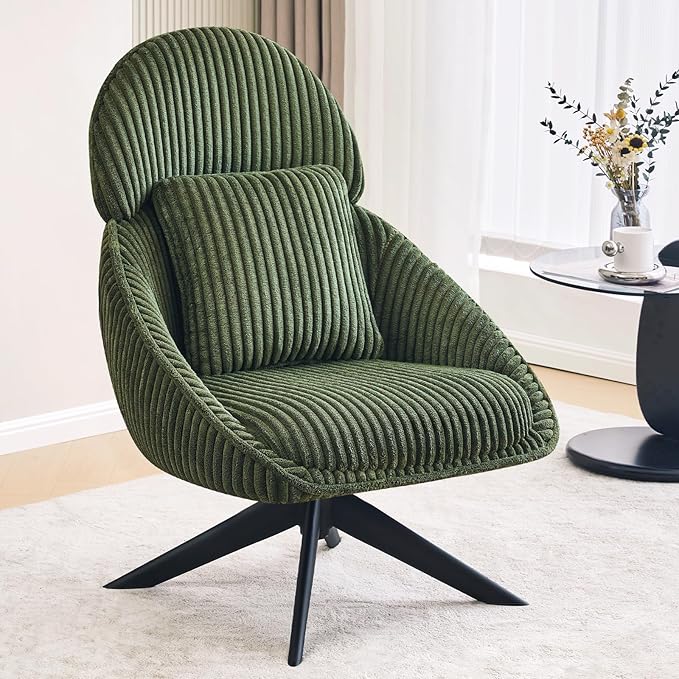 Furniliving Upholstered Swivel Accent Chair for Living Room Modern Armchair Side Chair with Headrest Bedroom Chair with Metal Legs Comfy Sofa Chairs with Pillow Large Corduroy Green
