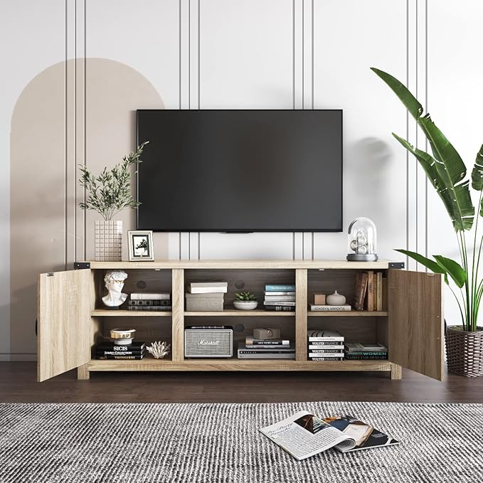 YESHOMY Modern Farmhouse TV Stand with Two Barn Doors and Storage Cabinets for Televisions up to 65+ Inch Entertainment Center Console Table Media Furniture for Living Room 58 Inch White Oak