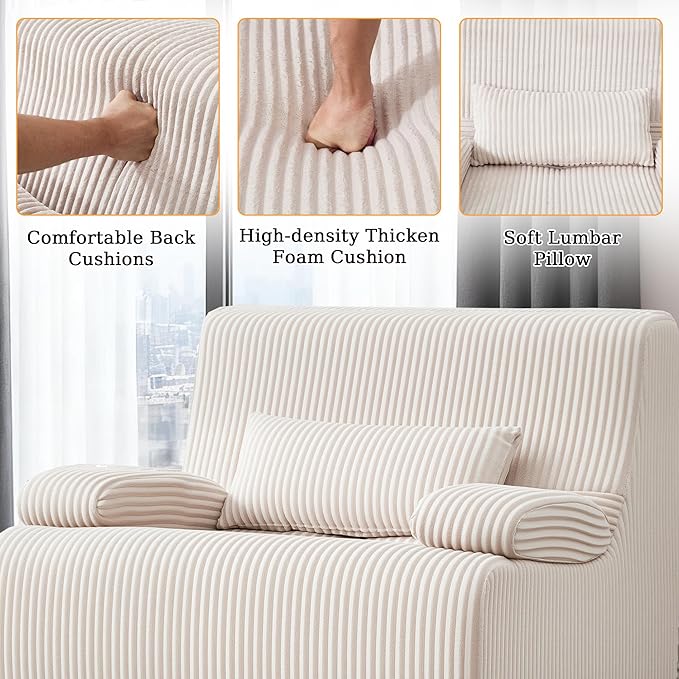AHMED Boneless Chair Corduroy Cloud Chair Foam Couch with Wide Armrest&ampPillow No Assembly Reading Single Sofa for Living Room/Bedroom/Apartment Beige