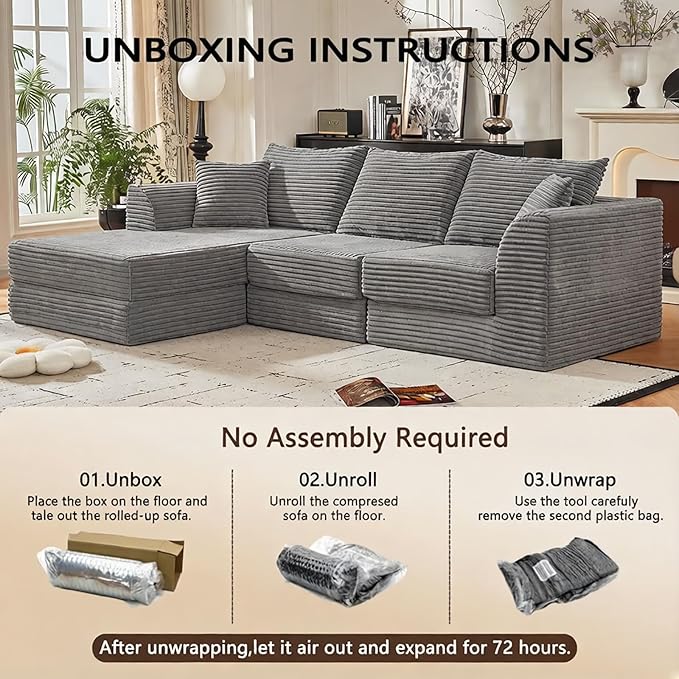 102 L-Shaped Modular Corduroy Cloud Sofa 3-Seater with Reversible Chaise Modern Deep Seat Memory Foam Boneless Cushion for Living Room Apartment Bedroom No Assembly Required