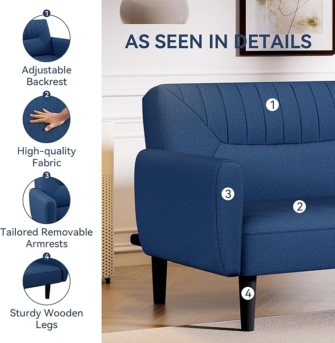 Futon Sofa Bed75.8 Linen Fabric Comfy Futon Couch Bed3 Seater Convertible Sleeper Sofa with Adjustable BackrestsModern Folding Loveseat for Living RoomOfficeApartmentBedroomBlue