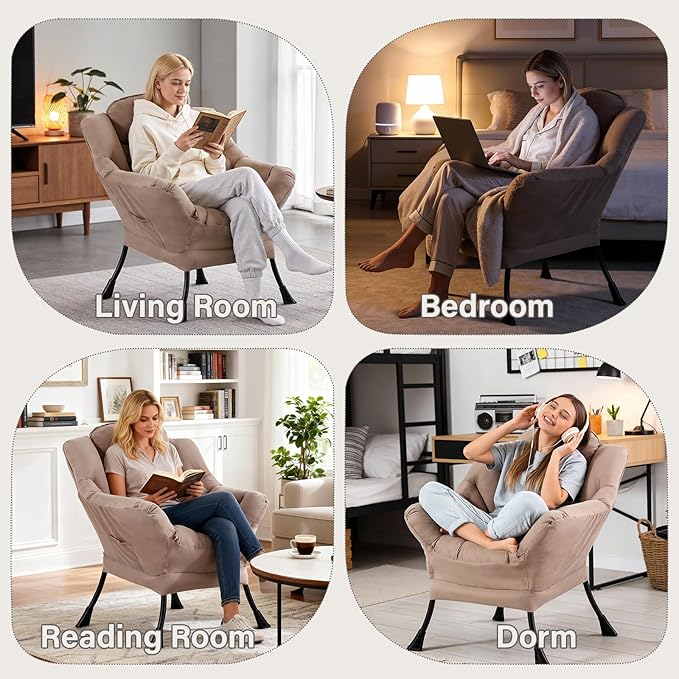 Lazy Chair Modern Soft Reading Chair Accent Contemporary Sofa Chair with Armrests and a Side Pocket for Living Room Bedroom Dorm &amp Office Khaki