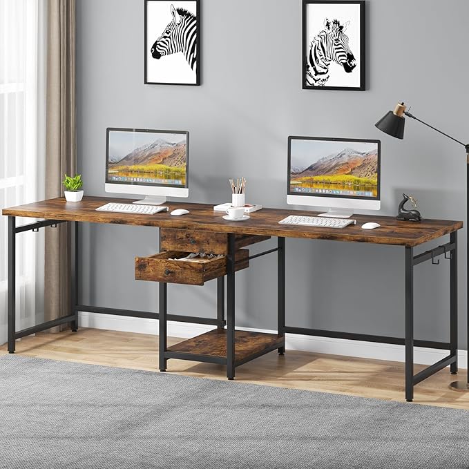 Tribesigns Two Person Desk 79 Inch Double Desk with 2 Drawers Large Computer Desk Long Desks with Storage Shelves Writing Table Study Desk for Home Office Rustic Brown (NY001)