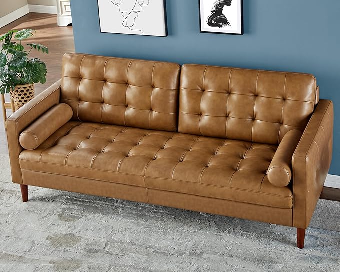 AMERLIFE Leather Sofa Mid-Century Modern Genuine Leather Sofa 3 Seater Comfy Couch for Living Room Home Office -Brown Leather Sofa Couch
