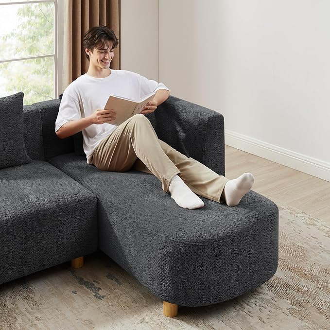 VANOMi 113 Sectional Sofa with 4 Pillows U-Shaped 4-Seater Comfy Boucle Cloud Couch Modern Double Chaises Lounge Sofas for Living Room Office Apartment (Dark Gray-U)