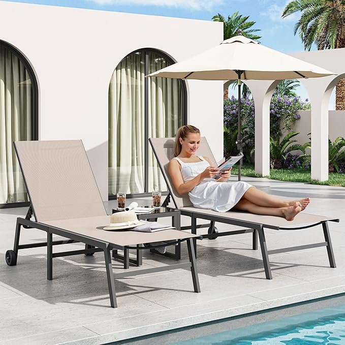 Amopatio 3 Piece Patio Lounge Chairs Set 2 Pool Chaise Lounges with Wheels and 1 Side Table 5-Position Adjustable Lounge Furniture with Heavy-Duty Steel for Backyard Poolside400 LBS Capacity Khaki