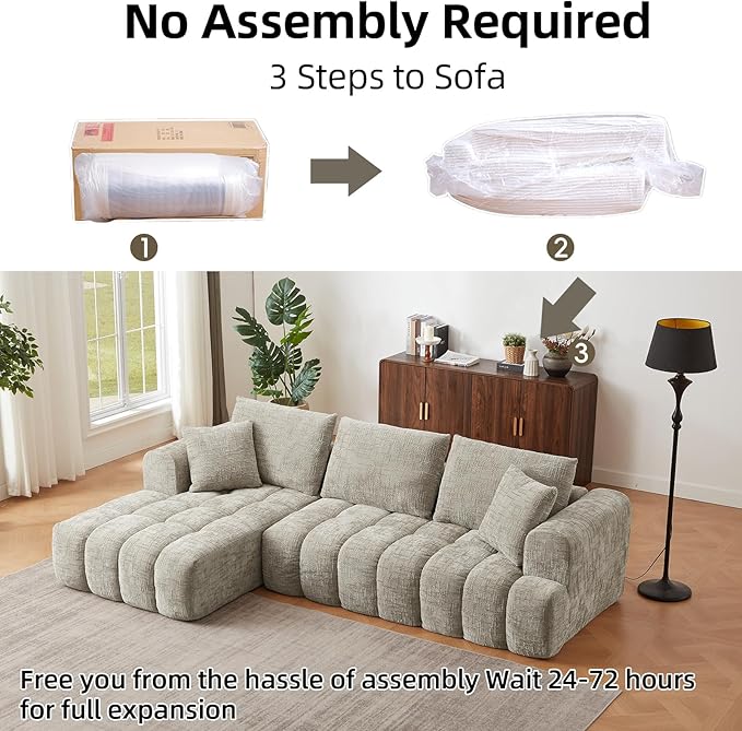 110 Inch Cloud Sectional CouchModern Upholstered Sofa with Deep SeatChenille Boneless Couches with L-Shape ChaiseSponge Compressed Couches for Living Room (Khaki Left Facing Chaise)
