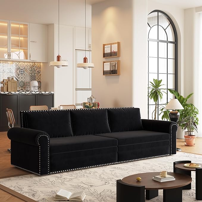 93.7 King Size Pull Out Sofa Bed with Waist Pillows 3 in 1 Convertible Sleeper Sofa Bed Couch Velvet 3-Seater Chesterfield Sofa with Nailhead Trim for Living Room Black