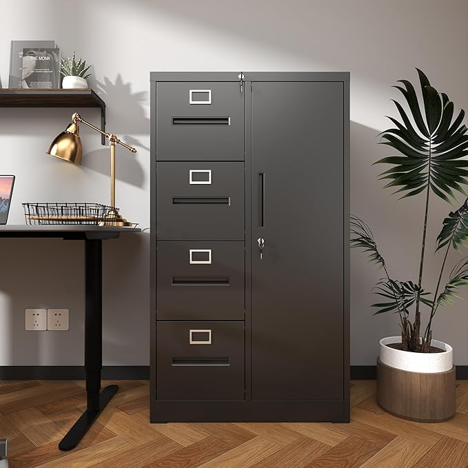 4 Drawer Small File Cabinet with Lock Under Desk Locking Drawers Storage Cabinet Organizer for Home Office Filing CabinetsBlack