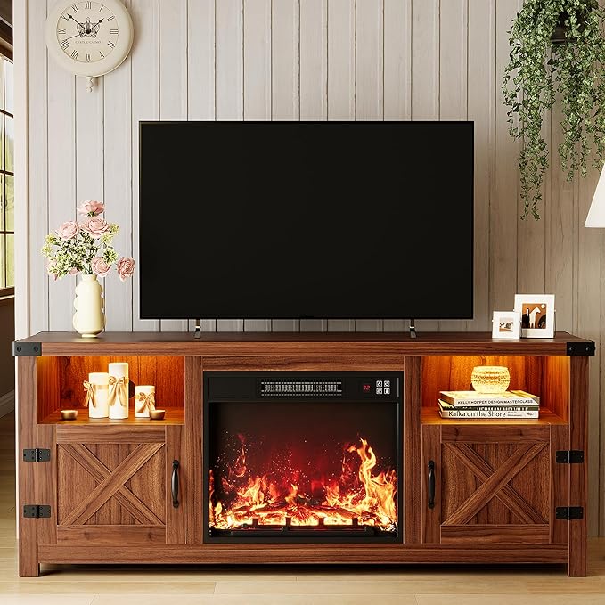 YESHOMY LED Fireplace TV Stand with Mood Lighting TV Cabinet with Open Shelf Farmhouse Media Console with Hidden Cable Routing Entertainment Center for Televisions up to 65+ Inch Walnut