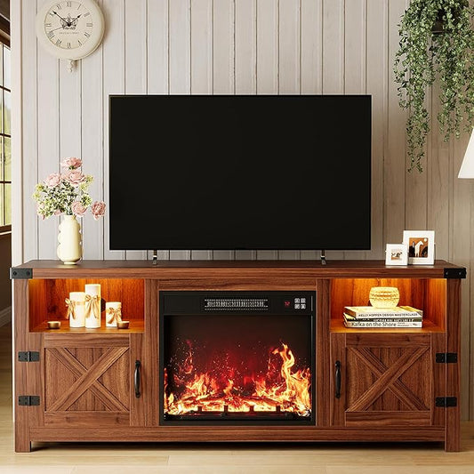 YESHOMY LED Fireplace TV Stand with Mood Lighting TV Cabinet with Open Shelf Farmhouse Media Console with Hidden Cable Routing Entertainment Center for Televisions up to 65+ Inch Walnut