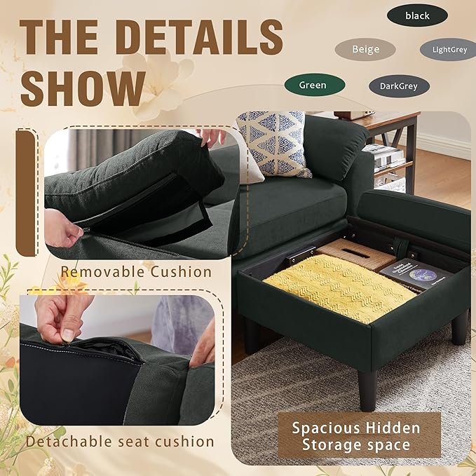 2 Piece Sectional Sofa Set 3-Seat Small L Shaped Couch with Storage Ottoman and 2 Seat Loveseat Sofa Set Polyester Fibre for Living Room Black