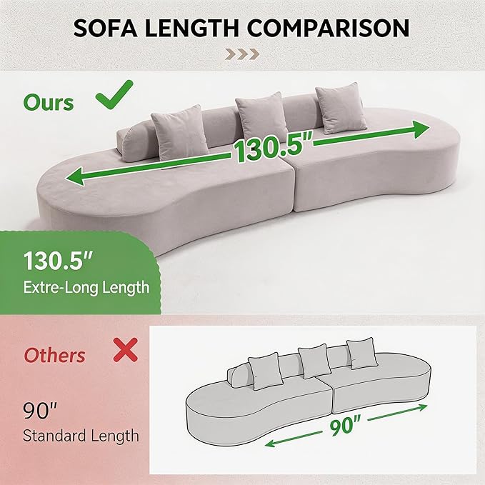 Txtin's 130” Boneless Sectional Couches for Living Room | Curved Plush Cloud Couch with 3 Pillows | Oversized Modern Sofa for Office | Gray | Gray Oversized Plush Modular 3 Pillows Living Room