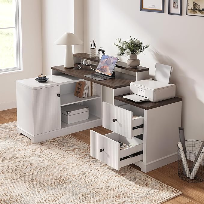 67 L Shaped Executive Desk with Drawers &amp Storage Shelf Corner Computer Desk with Power Outlets Home Office Desk with Monitor Stand Printer Shelf Computer Writing Desk for Work Antique White