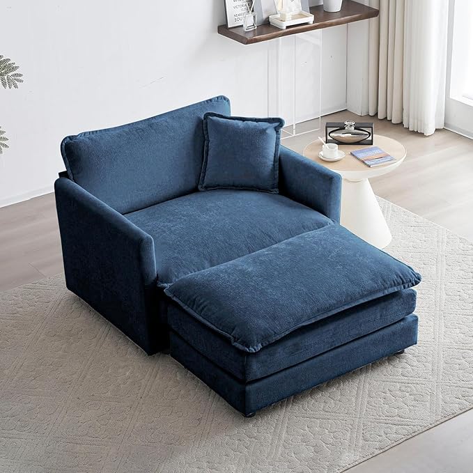 Oversized Accent Chair with Ottoman Modern Cloud Chaise Lounge Chair Indoor with Deep Seat Upholstered Comfy Armchair Reading Chairs Sofa for Bedroom Living Room Apartment Blue Chenille