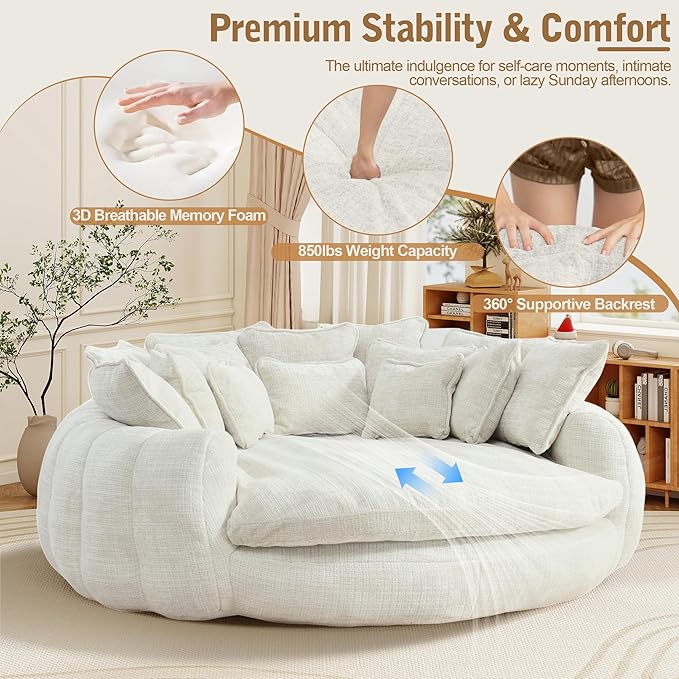 82'' Oversized Upholstered Sofa Bed Round Chaise Lounge Chair Indoor Modern Chenille Boneless Couch No Assembly Required Plush Sleeper Chair with 14 Pillows for Living Room Beige