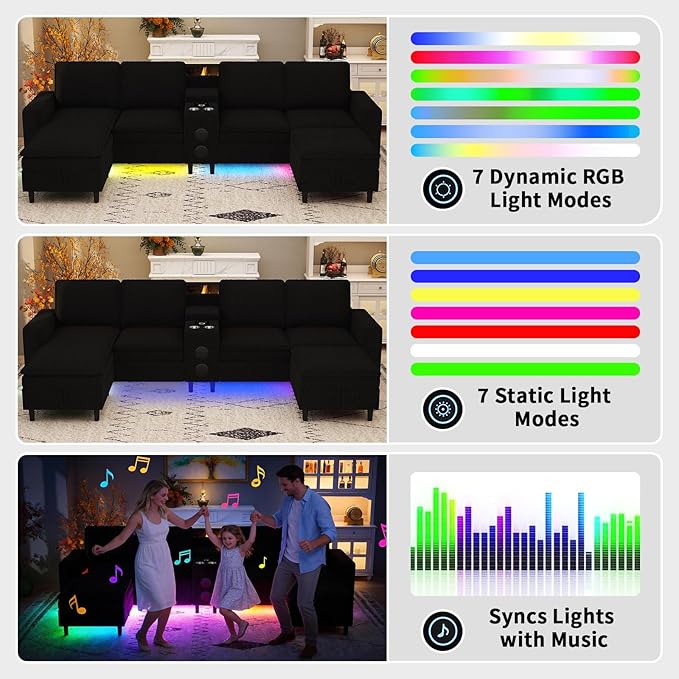 Sectional Couches for Living Room 6 Seat Sectional Sofa with Bluetooth Speaker/RGB Light/Charging Station Teddy Fleece U Shaped Couch with Storage Ottoman and Reversible Chaise Lounge - Black