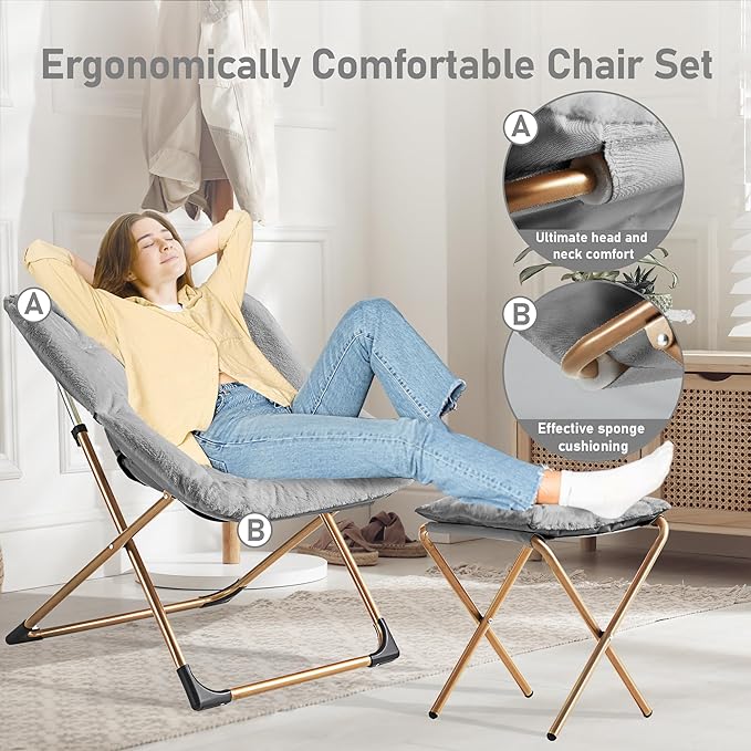Comfy Oversized Saucer Chair with OttomanSoft Faux Fur Reading Lounge Chair for AdultsStable X-Large Metal Frame and Non-Slip PadCozy Chair for Bedroom Living Room Dorm Light Gray