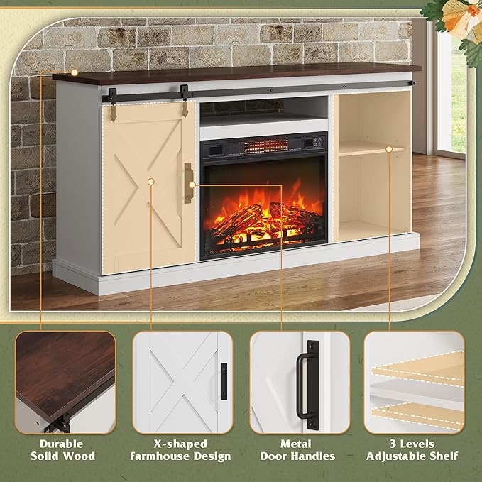 WLIVE Farmhouse Electric Fireplace TV Stand for TVs up to 65 Entertainment Center with Sliding X-Shaped Barn Door &amp Storage Cabinet Media TV Console with 23 Fireplace for All Seasons White